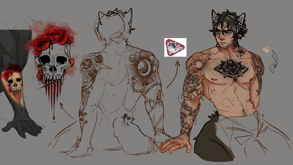 A well-built, stubbled shirtless man with salt-and-pepper hair, pierced wolf ears, and a tail. The post details an assortment of tattoos along his arms and upper torso: A dark Cerberus crest spans his inner pecs and sternum, a pair of spider lilies crawls up the left side of his neck, a ship lit by a stylized sun floats in a teacup on his right shoulder. The cup is wrapped in rope, tied to itself with a square/lover's knot before transitioning to a metal chain, descending down the forearm as if it were wrapped around it, ending in a shattered link at his outer wrist. The back of his right shoulder shows a larger crescent moon surrounded by other phases of the moon. The outside of his left shoulder is covered in a stylized steampunk clock/compass trailing down his bicep and tricep. Beneath the tricep rests a poppy-crowned skull with canine teeth, dripping blood that coalesces into 7 sharp tally marks. 