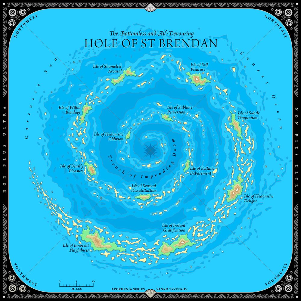 Map of Saint Brendan's Hole—a giant whirlpool in the Sunset Ocean and supposed entrance to the Underworld, from Yanko Tsvetkov's Apophenia series.