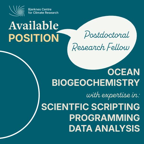 poster with text: Available position as postdoctoral research fellow. Expertise in Ocean biogeochemistry and scientific scripting and programming needed. 
