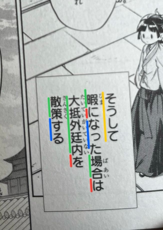 A picture of a text from a manga. Is written on it: 
Soshite
Hima ni natta baai ha
Taiteigaiteinai wo
Sansaku suru
(Space respect colored lines)
All line ends with a particle (1,2,3) or a verb (4)