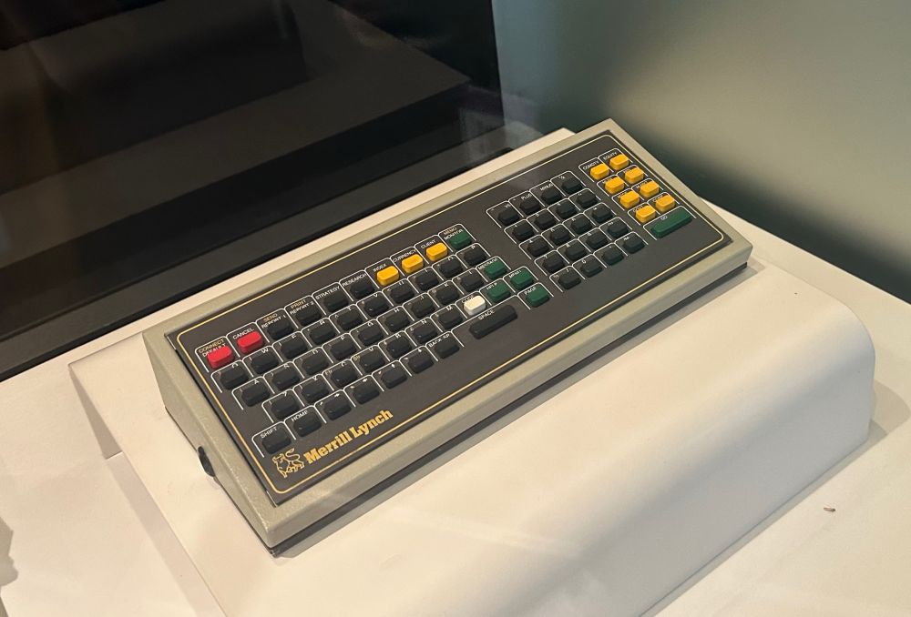 A retro keyboard for Bloomberg Terminal belonging to Merrill Lynch on display at the company's headquarters.