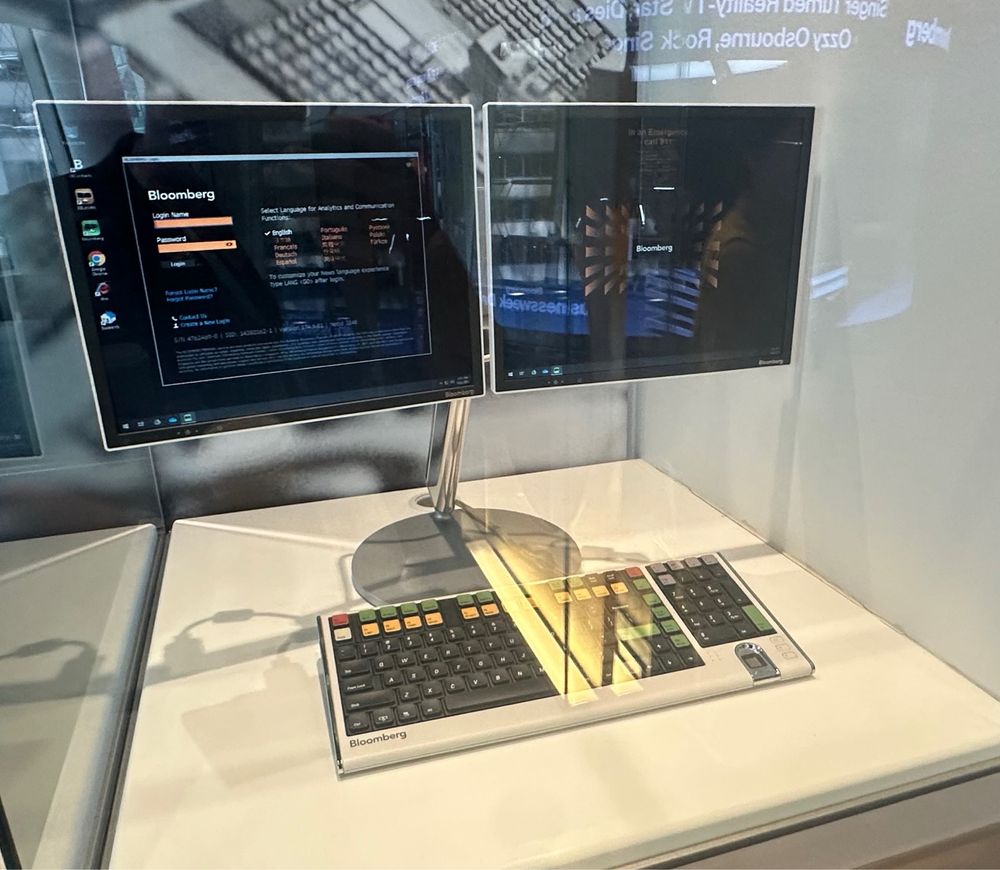 A modern desktop Bloomberg Terminal on display at the company's headquarters.