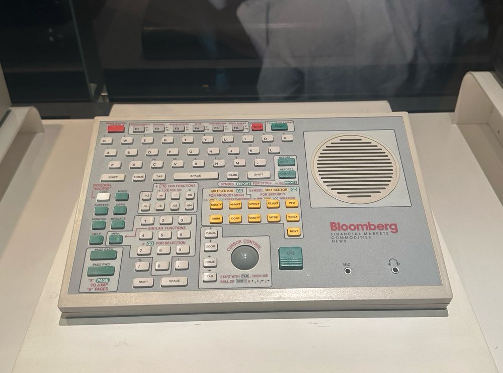 A retro keyboard interface for a  Bloomberg Terminal on display at the company's headquarters.