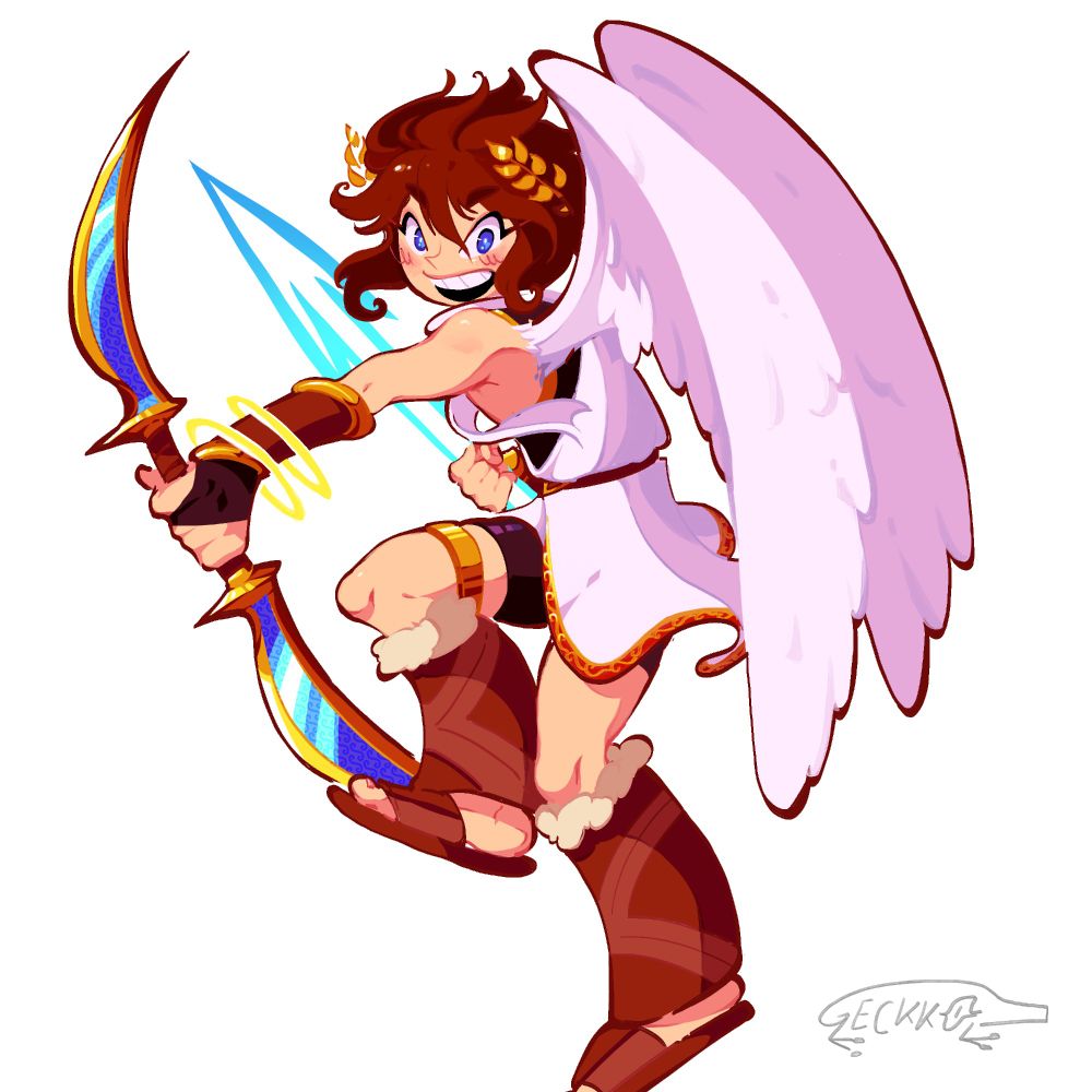 Illustration of Pit, from the Kid Icarus franchise. He's seen slightly from behind, his face rotated towards the viewer. He's holding his bow in his left hand, while he's holding an arrow in his right one. He has a big smile on his face.