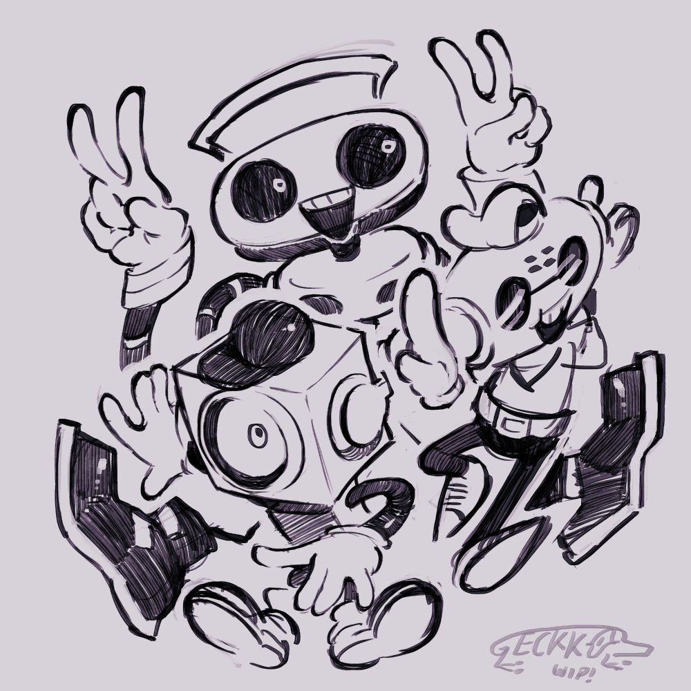 Sketch of Sweet, Cap'n and K_K from deltarune. Sweet is standing in front of the other two slightly to the left, Cap'n is behind Sweet and in front of K_K slightly to the right, while K_K is behind both of them. The composition is based on a circle. 
