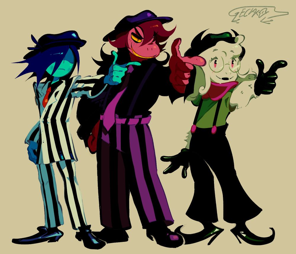 Illustration of, from left to right, Kris, Susie and Ralsei in their designs from the Shadowmen teaser. Each one of them is standing while pointing their finger in front of them, like in the teaser.