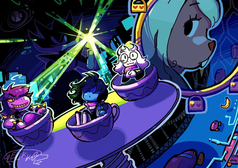 Illustration based on chapter 2 of Deltarune. In the front, from left to right, Susie, Kris and Ralsei are sitting in the teacup ride present in the game. Behind them, in the background, is Giga Queen, obscured by the darkness around her, holding her glass of battery acid, which is reflecting a strong green light across the background. In the top right corner, Noelle's profile, significantly bigger than the other characters, is drawn, framed by the ferris wheel. In the bottom right, cars are proceeding on Cyber City's roads. A banana is in the middle of the traffic.