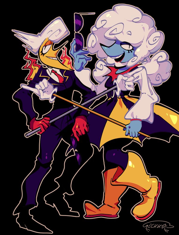 Full-Body illustration of Lanino and Elnina from Deltarune Chapter 3, Lanino is on the left, while Elnina is on the right. They're smiling and posing, with their staffs crossed, and they're holding their sunglasses in their hands.