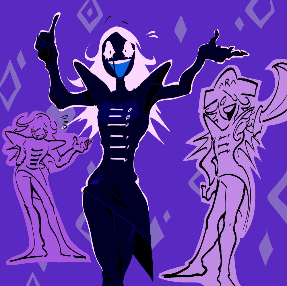 Doodles of Rouxls Kaard, from deltarune. The one on the left depicts him fullbody: he's standing, the upper part of his body slightly leaning forwards, with his right arm behind him and the left one extended, slightly bent, to his side. In the middle one he's depicted knee-up, he's pointing up with his right hand. He has a surprised expression. On the right, he's depicted full-body in his pirate design from chapter 2. He's pointing the sword towards the viewer with his left arm.