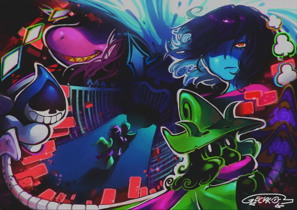 Illustration based on deltarune chapter one featuring the four main characters (Lancer on the left, Susie on the top left, Kris on the top right and Ralsei on the bottom right). In the middle of the picture, Ralsei Susie and Kris are seen from afar while they're walking towards the Card Castle and its fountain.