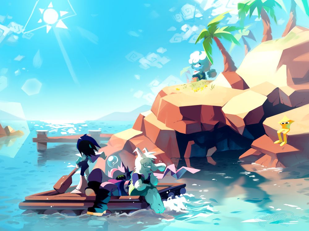 Illustration based on the Island Board, from Deltarune chapter 3. The fun gang, in the bottom left section of the painting, is on a raft. Kris is standing, with a paddle in their hands, Susie is sleeping, and Ralsei is sitting at the end of the raft, looking behind. The three are passing near a part of the board's land, where Elnina, in the top right, is sitting down, looking sadly at the sky, with palmtrees behind her. Starwalker is also on the right.