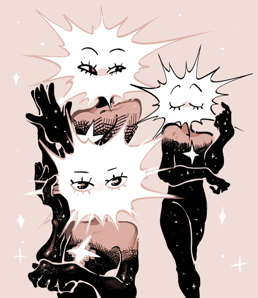 Three doodles of Loop from the videogame In Stars and Time. In the top left doodle they're seen from shoulders up and they're looking to their left. The doodle on the right depicts them from knee up, they have their eyes closed. The doodle in the bottom left is slightly more detailed, they're depicted from the waist up and they're looking directly to the viewer with a more serious look, compared to the other two doodles. Sorry if these explainations are not particularly good but English hard.