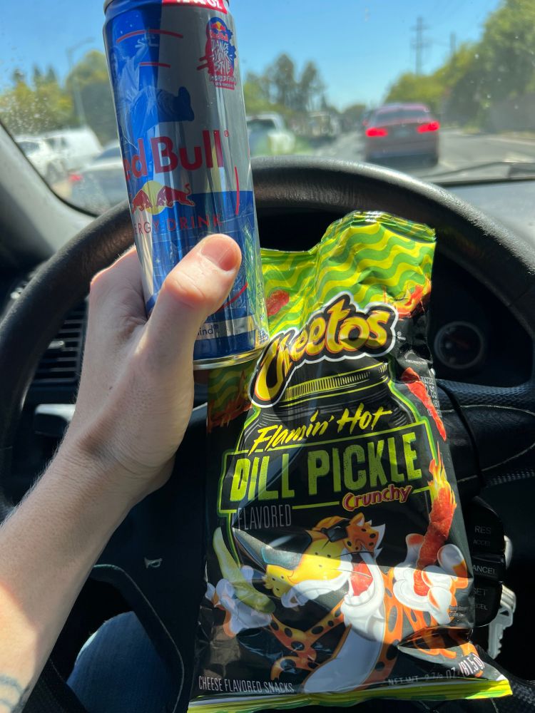 a white hand holding a redbull and bag of flamin hot dill pickle cheetos which gives this princess a boner