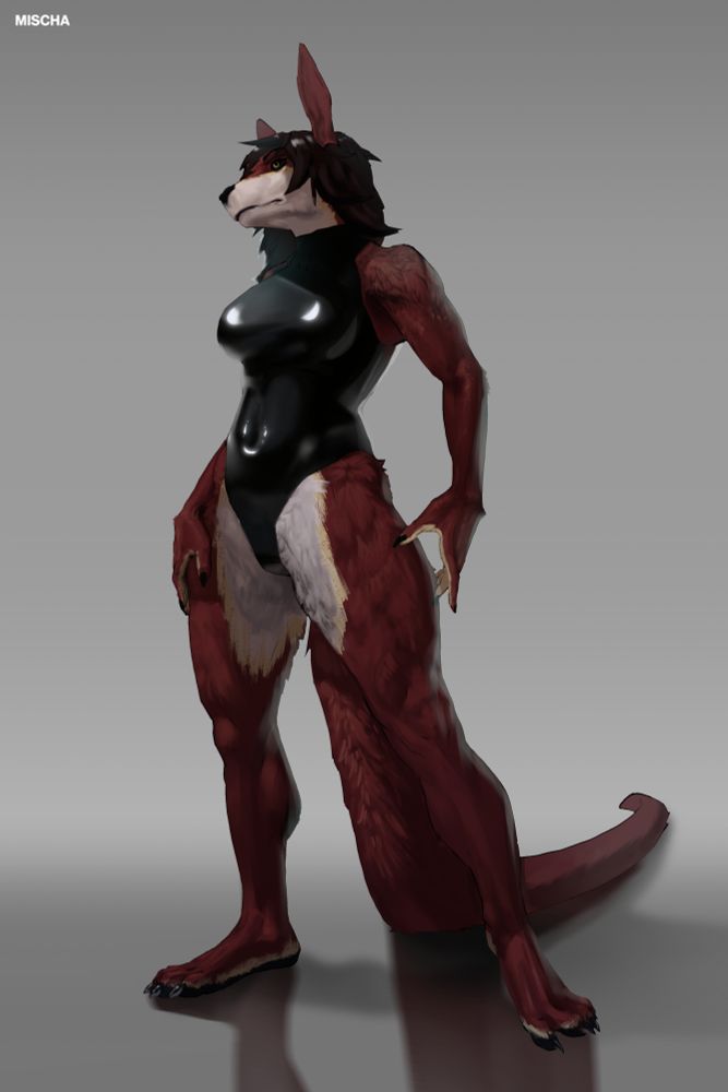 red anthropomorphic kangaroo-like creature. viewer perspective is near the ground, looking up. she's wearing a latex onepiece, looking off to viewer left, leaned back slightly. background is a shiny grey floor. #furryart