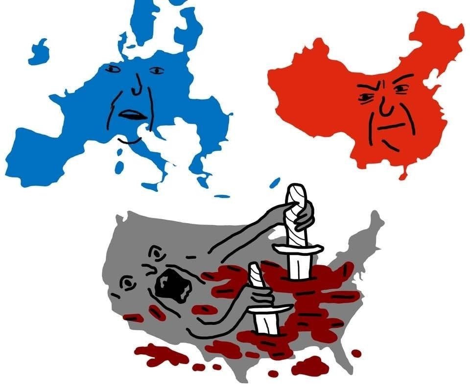 Europe looks shocked and China grimly pleased as the US repeatedly stabs itself 