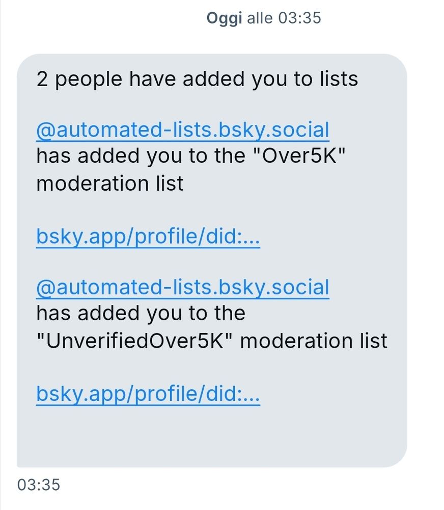 Screenshot of a message from lilstification telling me I've been added to two automated block lists, simply because I follow more than 5000 people.