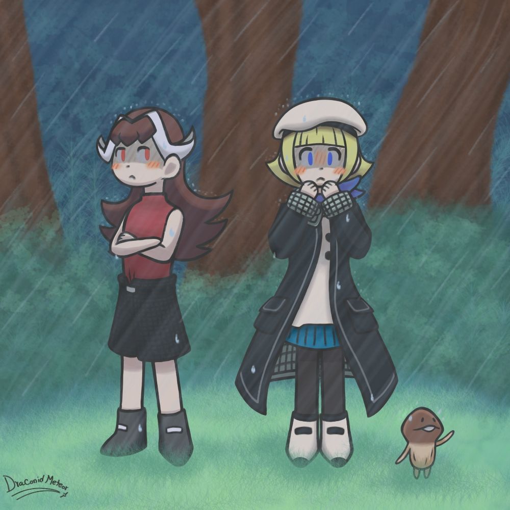 A drawing inspired in the rainy days that haven been, here we see young Detective Mackenzie and her friend Chloe from Touch Detective/Osawari Tantei in the rain. Mackenzie is visibly embarrassed as Chloe has lent her her jacket 