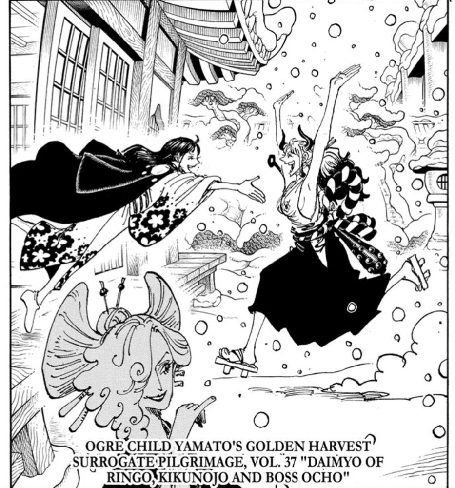 Cover art for One Piece chapter 1153 in which Yamato reunites with Okiku in Wano and the two are running towards each other to hug.