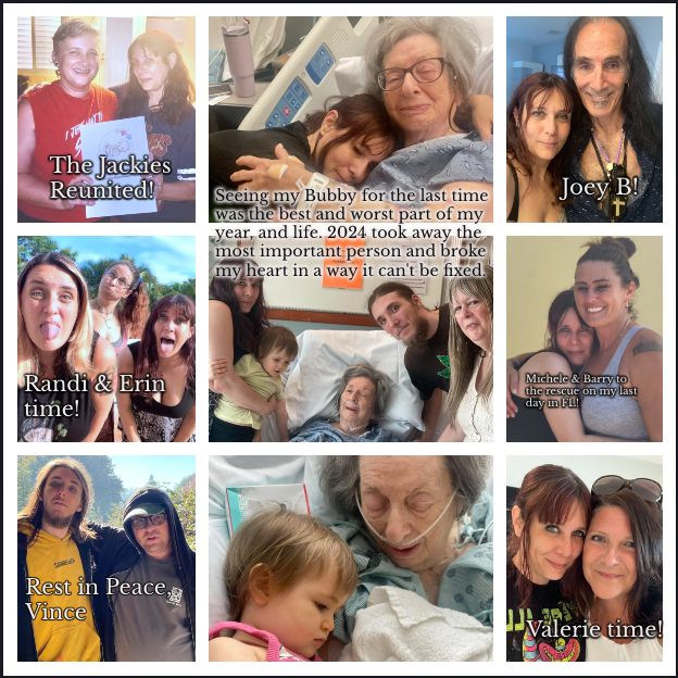 Pictures of Jacqui Blue with friends and family showcasing the highlights of a very difficult year, that is heavy with grief and the loss of Jacqui's Grandmother. 