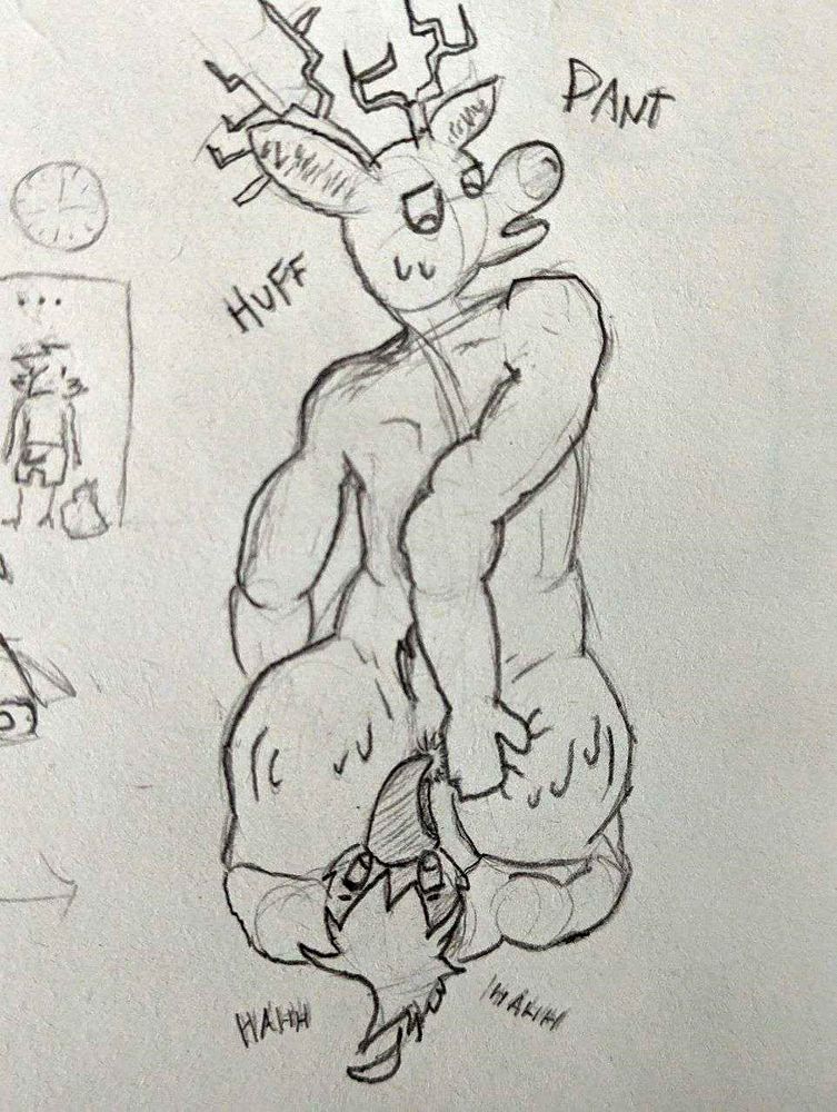 pencil drawing of a deerman sitting on a birdman, sweaty and gripping at eachother. the text reads "huff", "pant" above, and "hahh" and "hahh" below. both characters are naked. the deerman is sitting naked on top, reaching behind him to separate his asscheeks for his boyfriend underneath. the smaller bird being sat on is rimming him, with his arms hugging the deer's entire bottom-half.