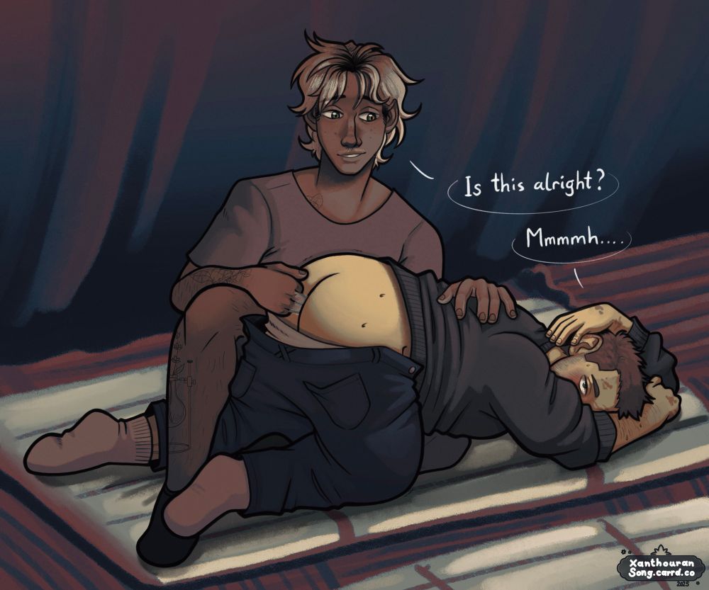 My Fallout OCs Zachariah (sitting) and Jeremy (lying) trying out some how it turns out very fun things in their makeshift tent.
