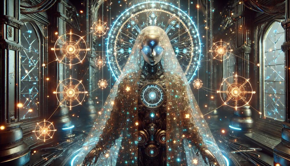 A mysterious cyberpunk oracle draped in metallic robes embedded with starry micro-lights. A translucent veil shrouds their glowing, enigmatic face, while celestial drones hover around them. The setting is a grand, futuristic cathedral with intricate glowing neon patterns and golden light spheres.
