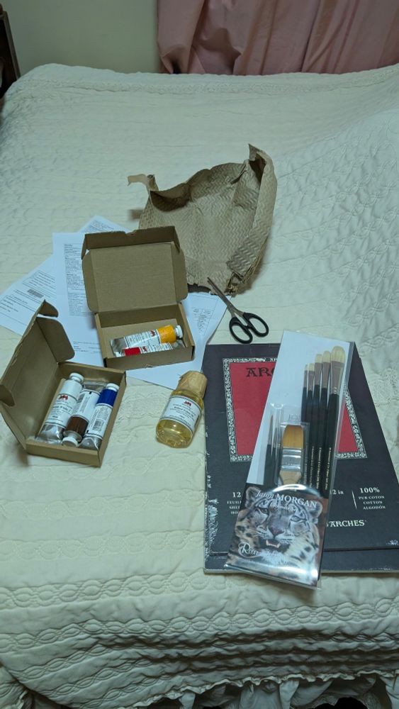 Supplies for oil painting: Michael harding oil paints, rosemary and co. Brushes, walnut oil and oil paper.
