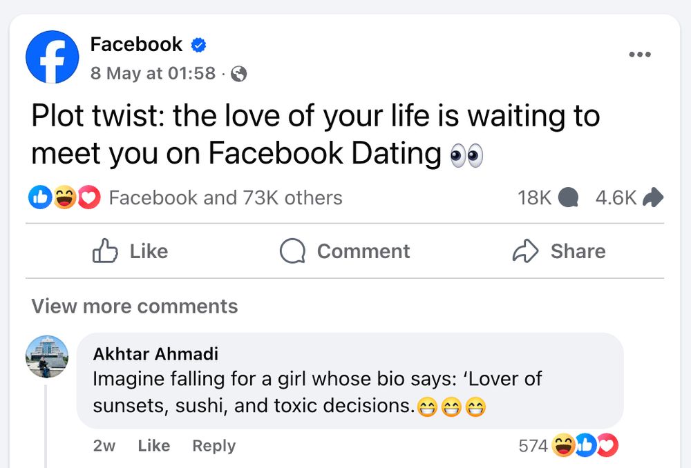 facebook post by facebook that reads "Plot twist: the love of your life is waiting to meet you on Facebook Dating 👀"

and the top comment says: "Imagine falling for a girl whose bio says: 'Lover of sunsets, sushi, and toxic decisions.😆😆😆"