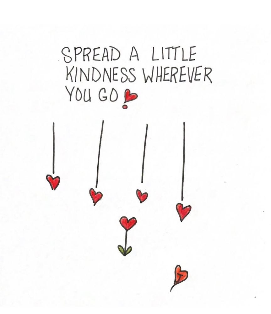 Alt text: Hand-drawn illustration showing five red hearts dangling on strings. Below, one heart is shown planted in the ground, and another is gently falling. Above, the handwritten words read: “Spread a little kindness wherever you go.”
