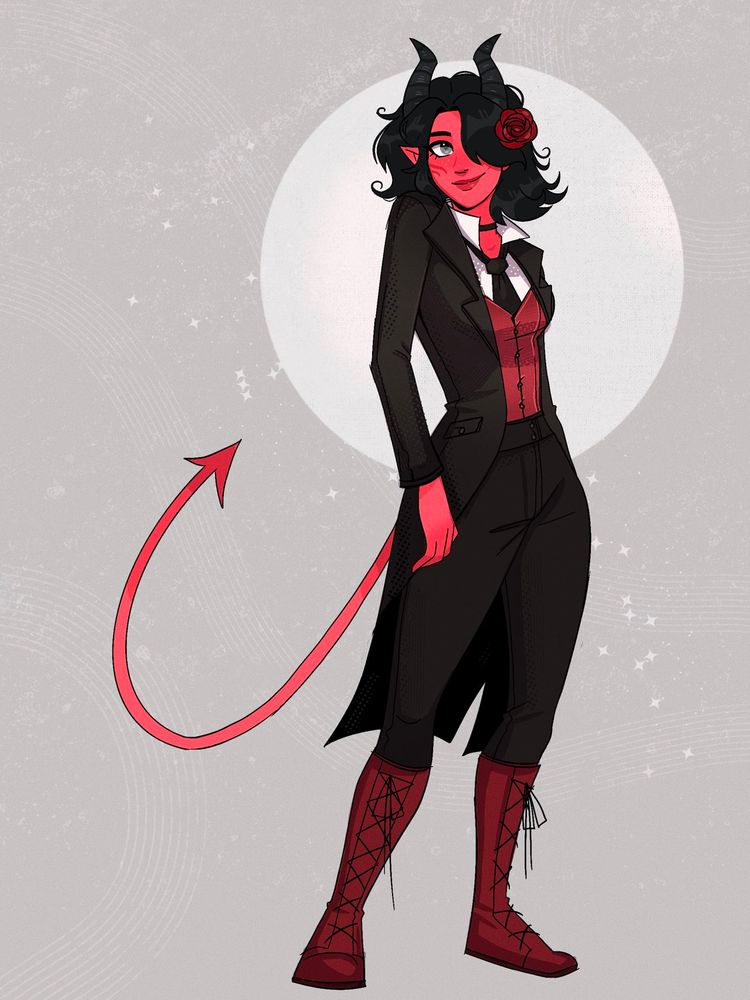A smiling pink-red tiefling woman with short black hair. She's wearing a black suit, black tie, and a red vest. She has a red rose in her hair. 