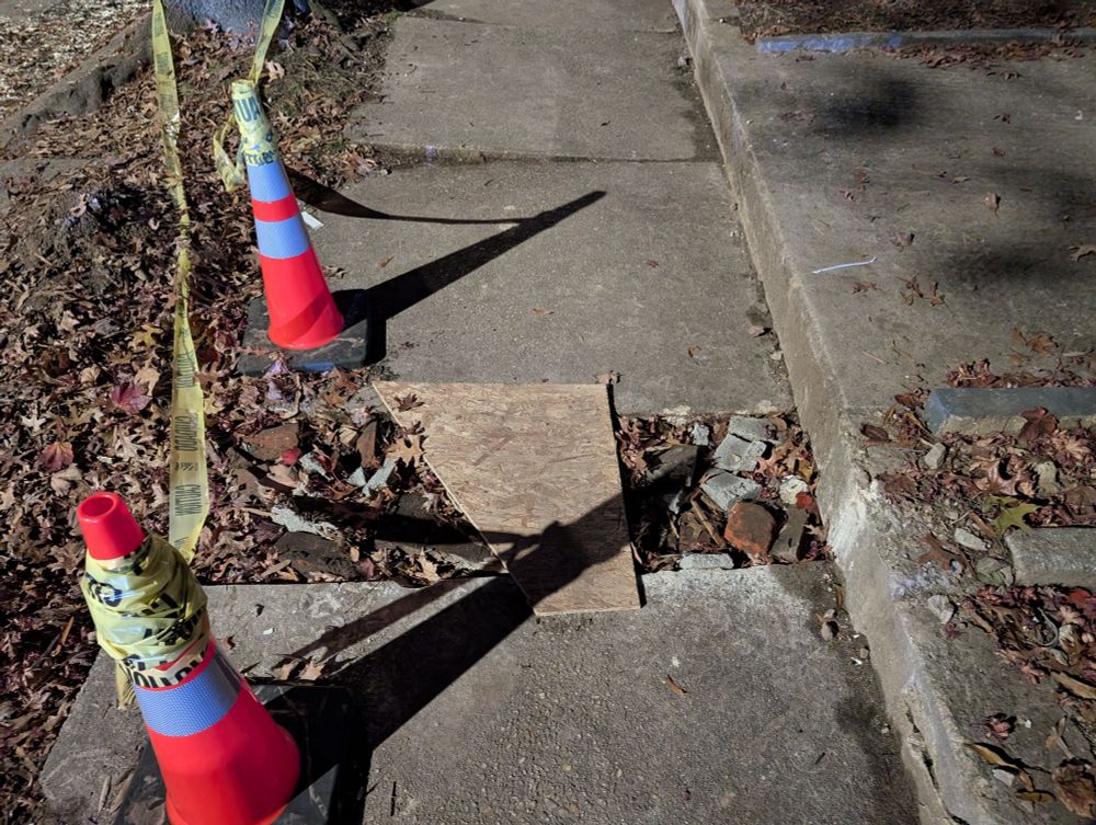 A piece of flimsy scrap OSB covers a 16" gap in the sidewalk that is filled with uneven debris. Not accessible.