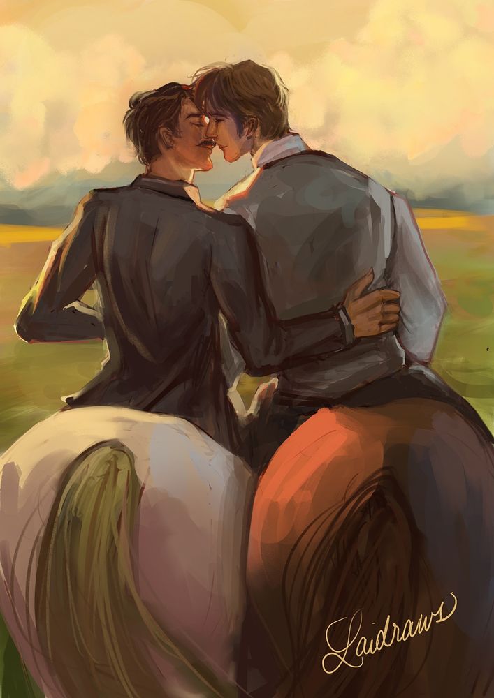 From Marvel's 1872 Universe: Sheriff Steve Rogers leans in to kiss Tony Stark as they both sit on horseback. It's late afternoon, bordering on sunset.