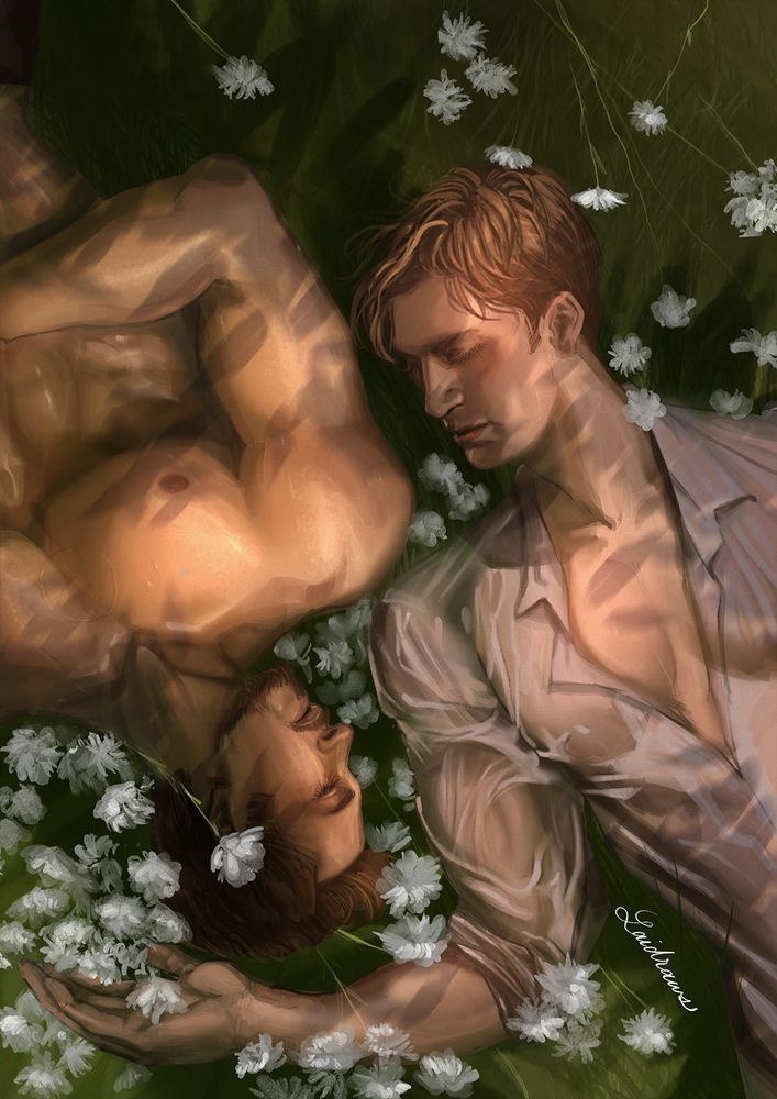 Steve Rogers and Tony Stark lying in a field of white flowers under trees. Tony is shirtless and Steve is wearing a soaked-through shirt suggesting they are drying off from a dip. They're lying together framing each other with eyes half-closed.