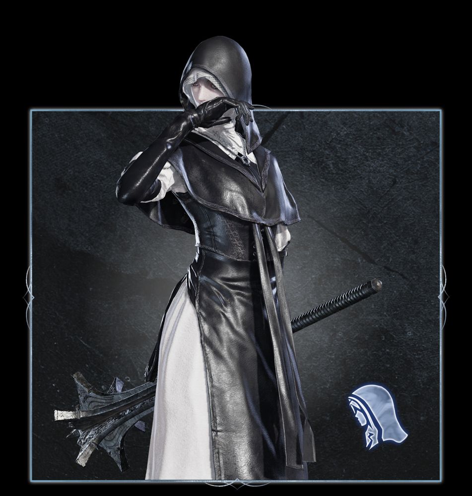 Undertaker from Elden Ring Nightreign, a pale nun character clad in black leather and white silk underneath, she utilizes an very large mace as big as herself 