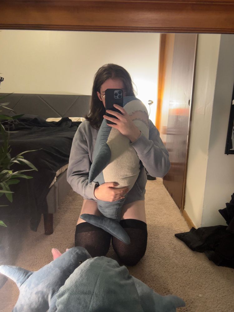 Lilith holding her Blahaj in front of a mirror wearing a hoodie and thigh highs. 
