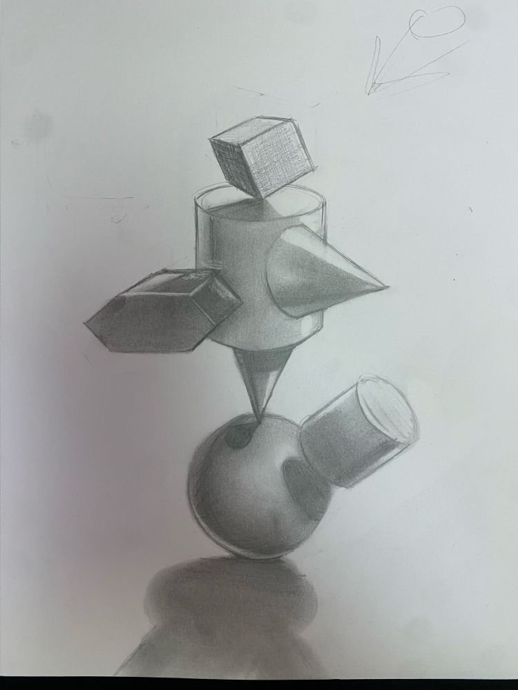 Shading study of different shapes casting shadows on different shapes. Cylinders, spheres, cube and a hexagonal shape.