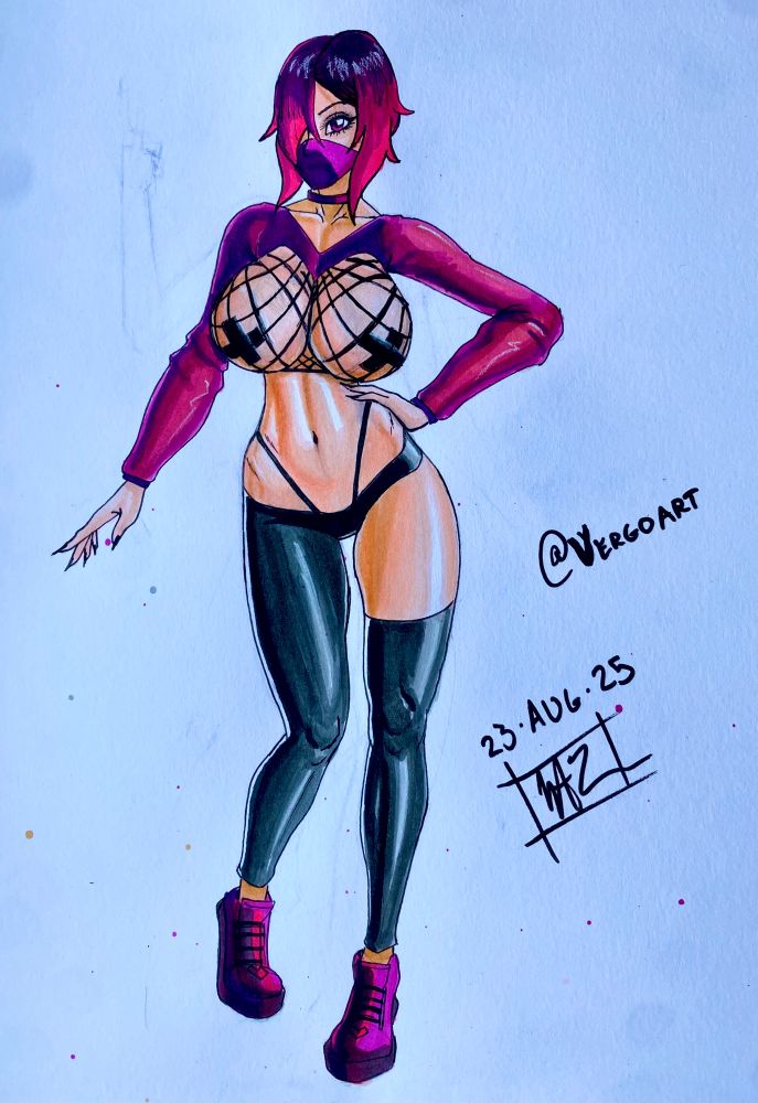 A sexy girl wearing a thigh high legging on one leg and a pseudo pants with thong like straps over her hips. She is wearing. Fishnet top with an “X” on her nipples. She is wearing a mask and she has pinkish purple short hair. Illustration done with pencils then ink and then alcohol markers.