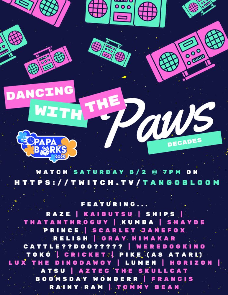 A flyer in a gaudy retro 80s style announcing the finalists for Dancing with the Paws: Decades, a fursuit dance competition on https://twitch.tv/tangobloom