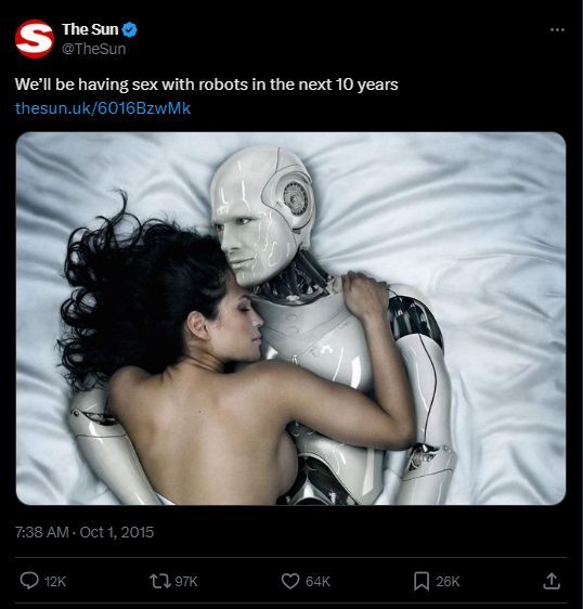 The Sun: We'll be having sex with robots in the next 10 years.

1 oktober 2015 – tio år och en dag sedan.