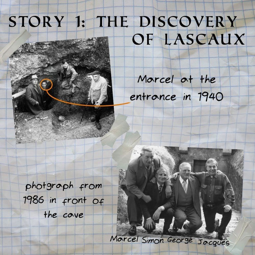 A visual story of the 1940 discovery of the Lascaux cave paintings. The top shows a black-and-white photo of four boys at the entrance of the cave, with an arrow identifying Marcel. Below, a photo from 1986 shows the now-adult discoverers—Marcel, Simon, George, and Jacques—posing in front of the cave entrance. The background is gridded paper with handwritten-style annotations, evoking a personal archive or memory book.