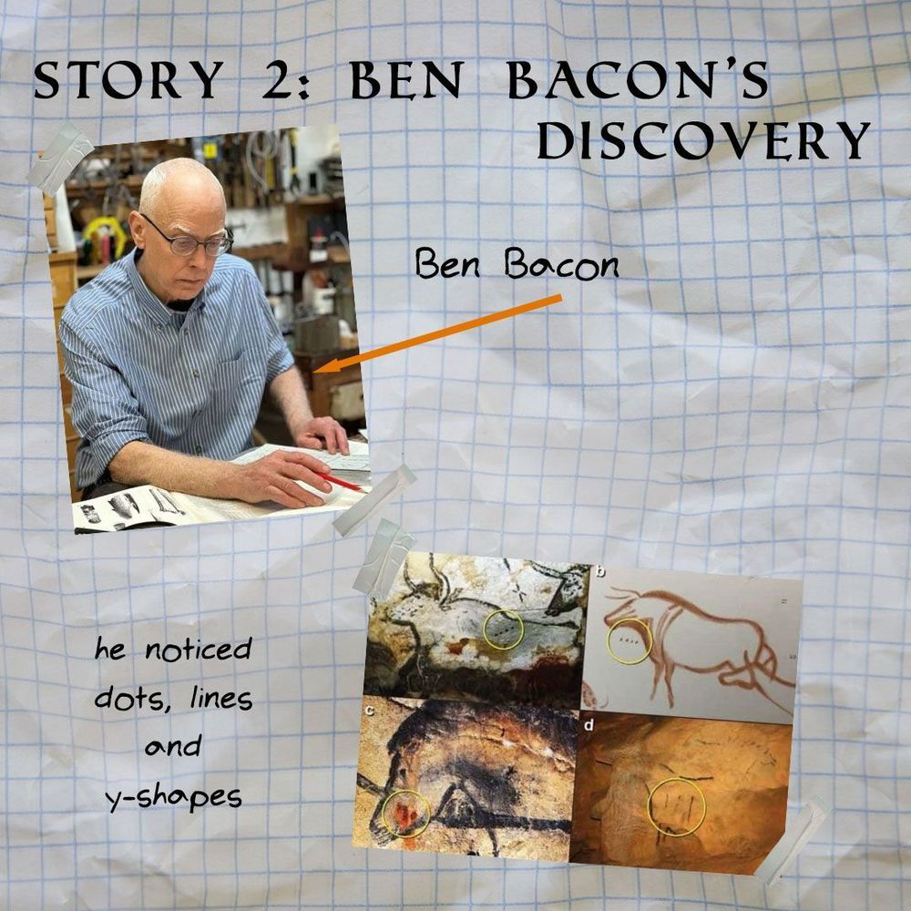 A collage introducing Ben Bacon’s research on Paleolithic cave art. At the top left, a photo shows Bacon, an older man in a striped shirt and glasses, studying drawings at a table. Below him, four cropped images of cave paintings are highlighted with circles, showing dots, lines, and Y-shaped marks near animal figures. Text on the background reads “Story 2: Ben Bacon’s Discovery” and “he noticed dots, lines and y-shapes,” illustrating his observations. The layout is on crumpled grid paper, with digital tape adding a scrapbook feel.