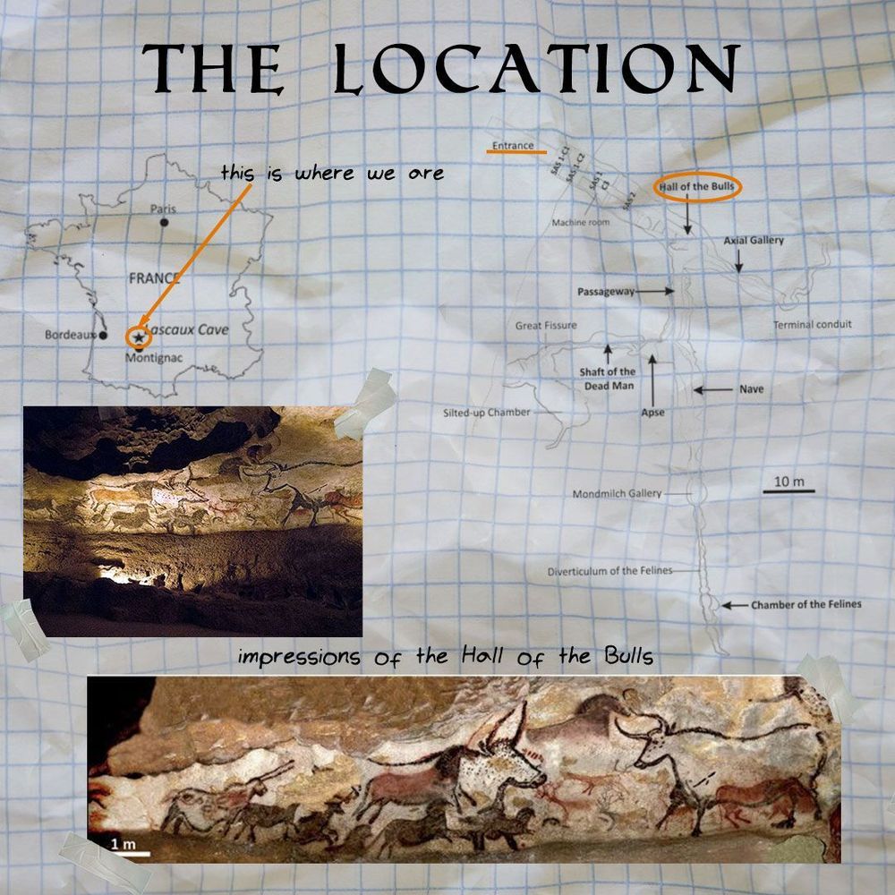 A collage shows a map of France, with the location of the Lascaux cave marked in the Dordogne region, next to another map showing the Lascaux cave system with names of each of the artistic panels and marking the Hall of the Bulls where the other two images show some impressions to tie into the second story in the podcast episode.
