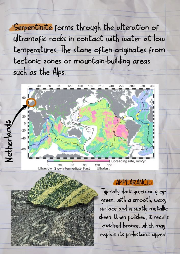 map of Europe, highlighting the Netherlands; picture of serpentinite stone