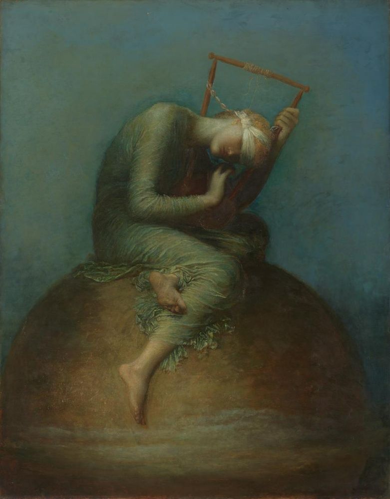 "Hope" by George Frederic Watts, 1886, located within the Tate Museum.
Wikipedia link with more details on the painting and image:
https://en.wikipedia.org/wiki/Hope_%28Watts%29
"...a lone blindfolded female figure sitting on a globe, playing a lyre that has only a single string remaining. The background is almost blank, its only visible feature a single star."
"She sits on a small, imperfect orange globe with wisps of cloud around its circumference, against an almost blank mottled blue background.[21][25] The figure is illuminated faintly from behind, as if by starlight, and also directly from the front as if the observer is the source of light."
"The figure of Hope holds a broken lyre, based on an ancient Athenian wood and tortoiseshell lyre then on display in the British Museum.[29][F] Although broken musical instruments were a frequently occurring motif in European art, they had never previously been associated with Hope.[29][G] Hope's lyre has only a single string remaining, on which she attempts to play.[31][H] She strains to listen to the sound of the single unbroken string, symbolising both persistence and fragility, and the closeness of hope and despair."
"Above the central figure shines a single small star at the very top of the picture, serving as a symbol of further hope beyond that of the central figure herself.[33] The distance of the star from the central figure, and the fact that it is outside her field of vision even were she not blindfolded, suggests an ambiguity. It provides an uplifting message to the viewer that things are not as bad for the central character as she believes, and introduces a further element of pathos in that she is unaware of hope existing elsewhere."
