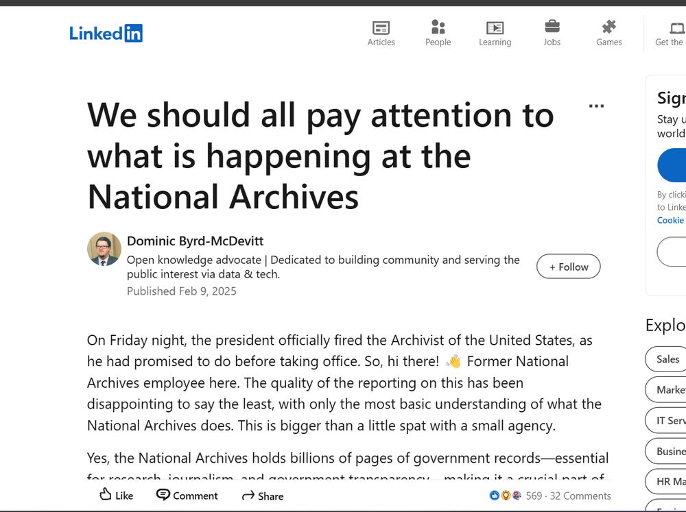 Screenshot of the important linked article that appears only as an url without the image.
"We should all pay attention to what is happening at the National Archives"
"On Friday night, the president officially fired the Archivist of the United States, as he had promised to do before taking office..."