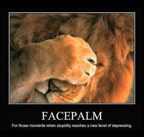Male lion with paw covering face and eyes with text "FACEPALM for those moments when stupidity reaches a new level of depressing.