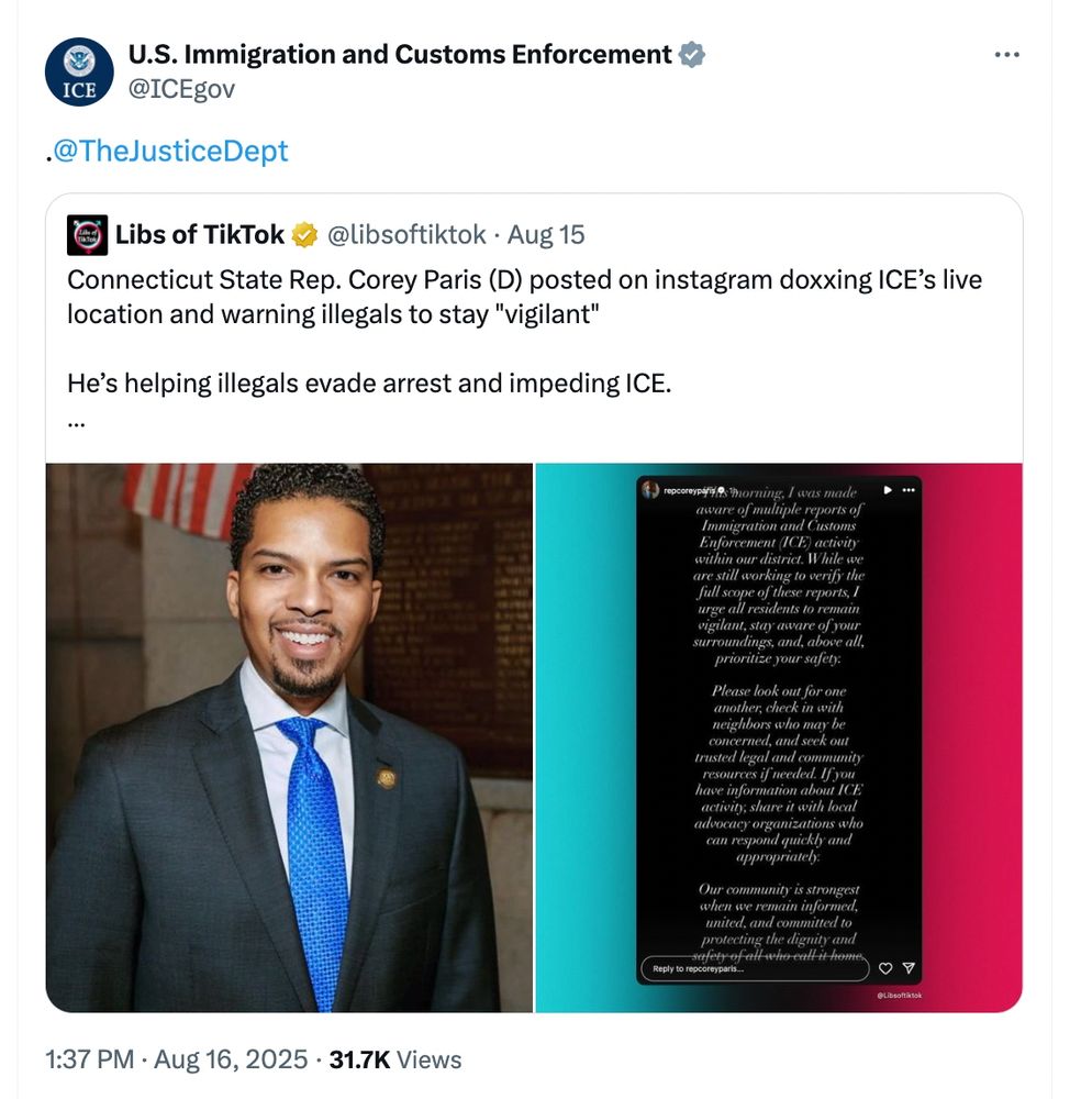 screenshot of ICE reposting a Libs of Tik Tok post and tagging Justice Dept