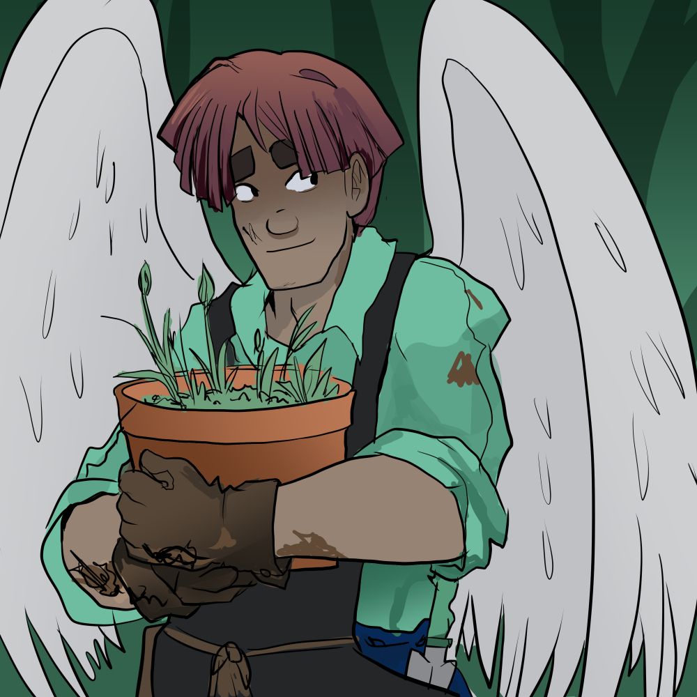 Argus Murin from the webcomic Sombulus, pre-Avatar ascension. He has red hair and dark eyes and is wearing a soil-dotted gardening outfit and carrying a potted plant