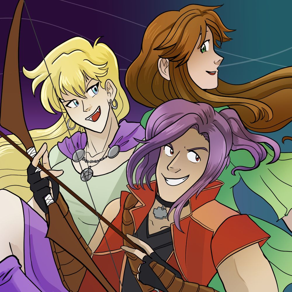 Artfight fanart attack featuring Karralyn, Sevvie and Alex from Bowspirit's Aim