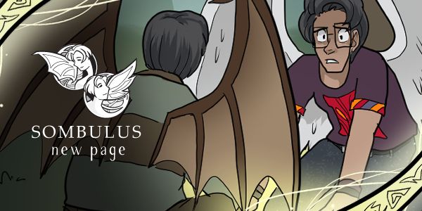 Preview of Sombulus featuring two Tenge clones sitting and talking with a worried expression. The border features glowing magic rune strands and reads "Sombulus - New Page"